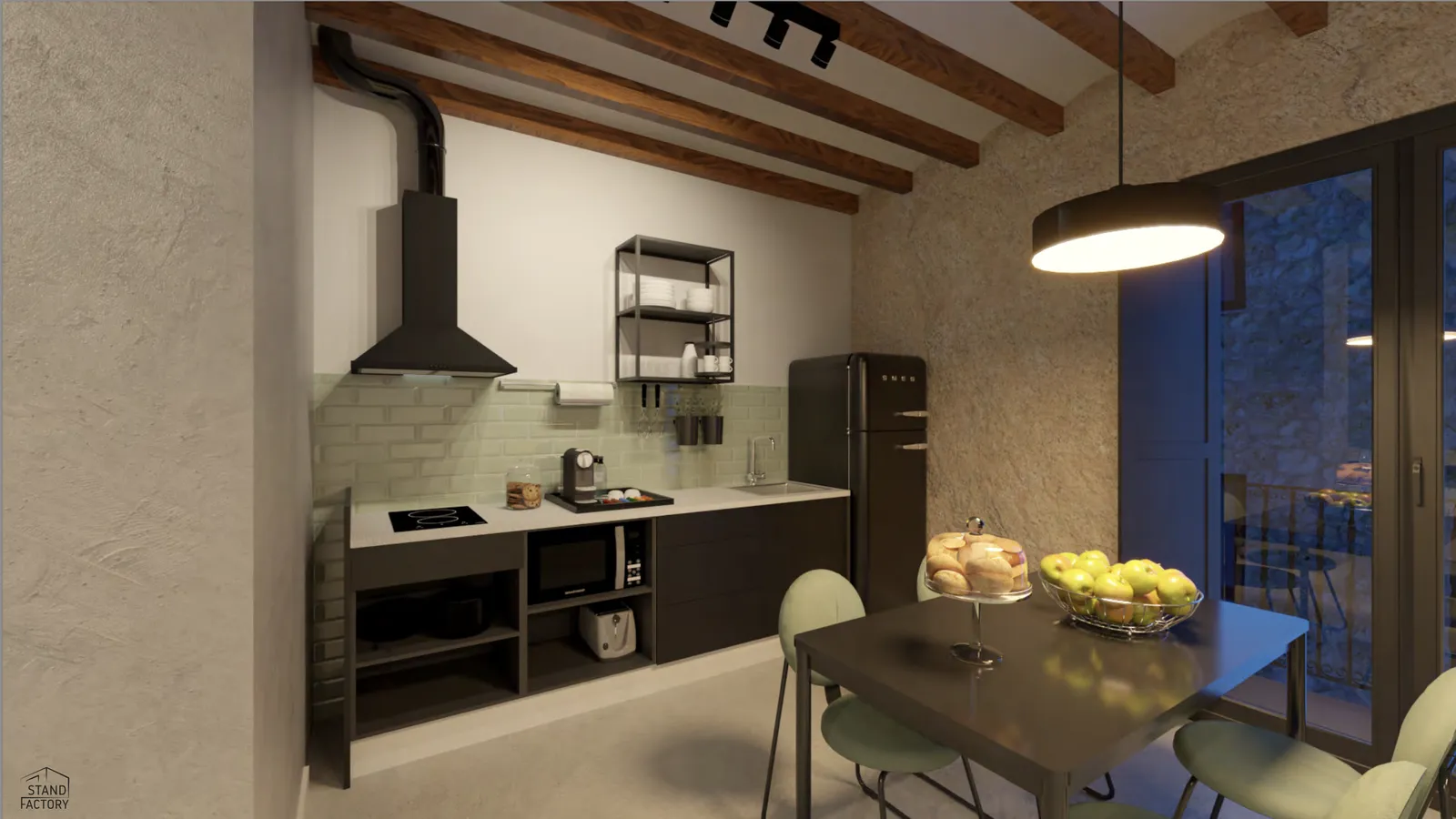 Dining room with kitchen view